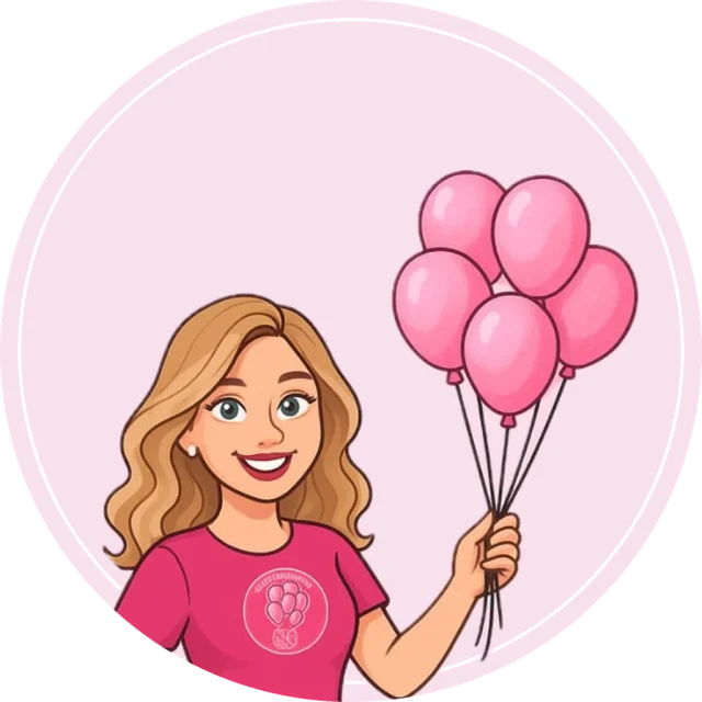 Caricatura di Debora, fondatrice di Liberty Decorations, con un mazzo di palloncini rosa