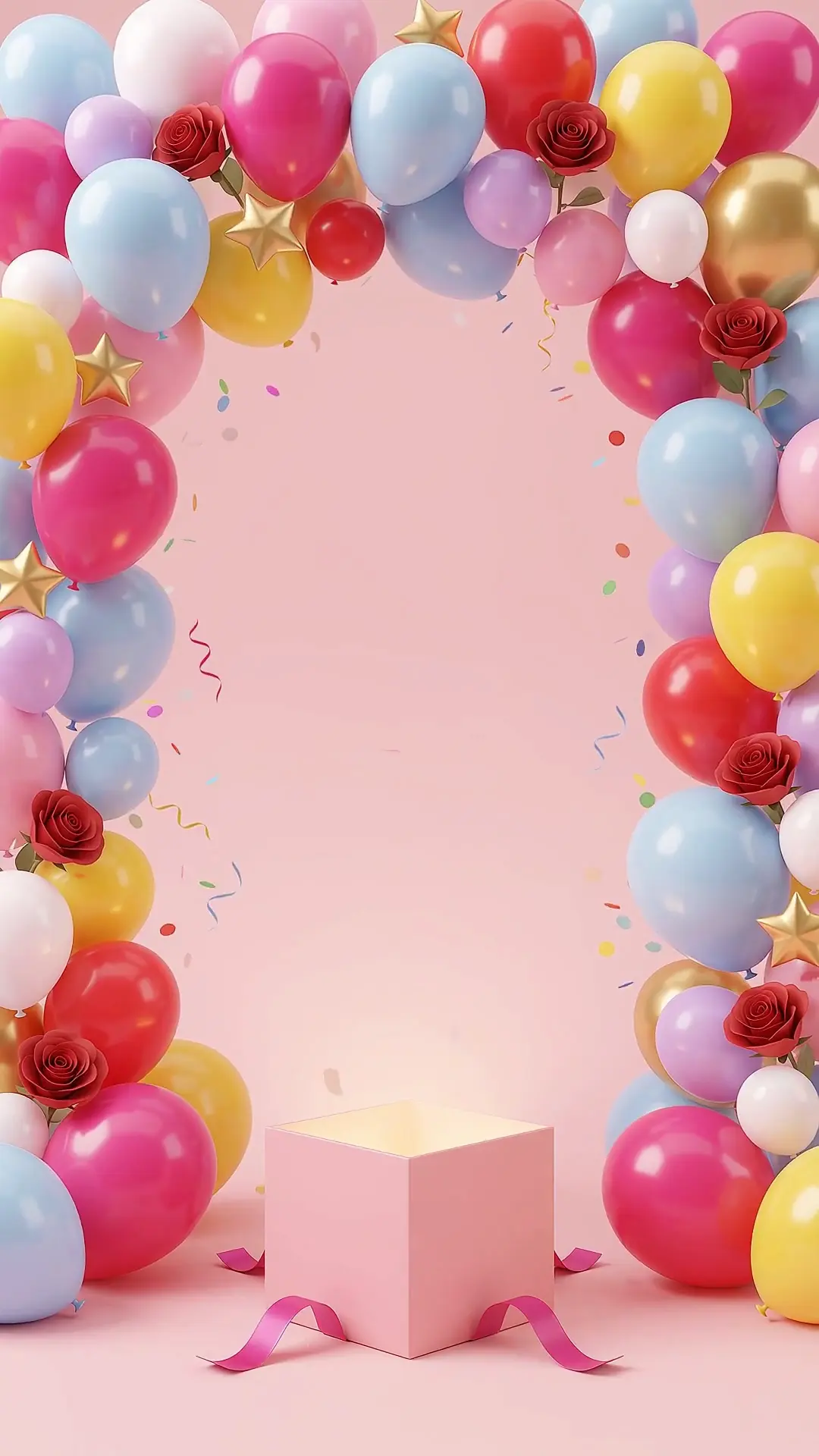 Arco di palloncini colorati con rose e stelle dorate e un pacco regalo aperto